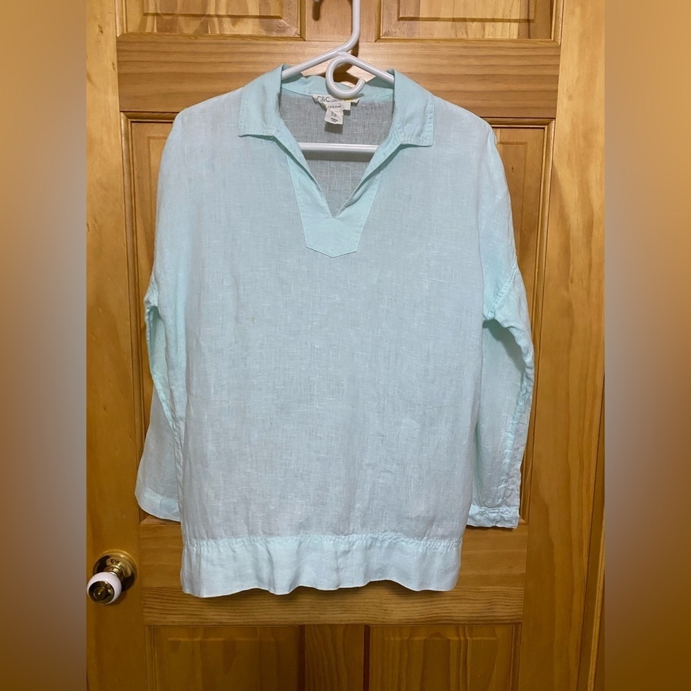 C&C California 100% Linen Sea Foam Green Pop Over Long Sleeve Tunic, Size XS.